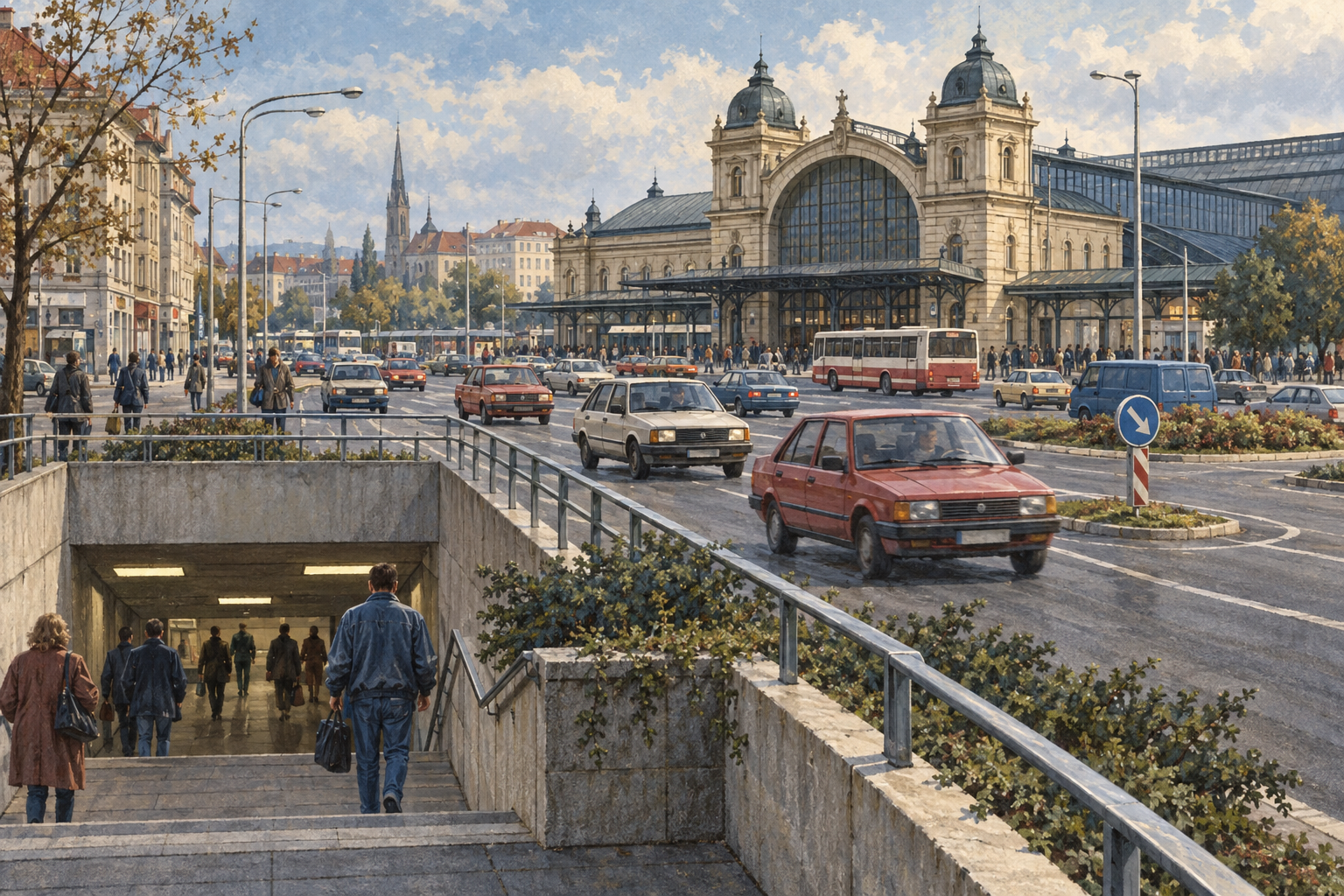 Ilustrace křižovatky u hlavního nádraží v Plzni